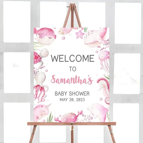Vista 25 de Letrero de bienvenida de elefante editable para baby shower, letrero floral azul para baby shower, letrero con nombre personalizado para niño o niña