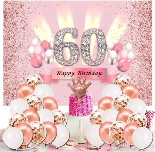Vista 3 de Decoraciones de cumpleaños número 60 para mujer, cartel de fondo de feliz cumpleaños, cartel de tela para fiesta de aniversario de 60 años, póster