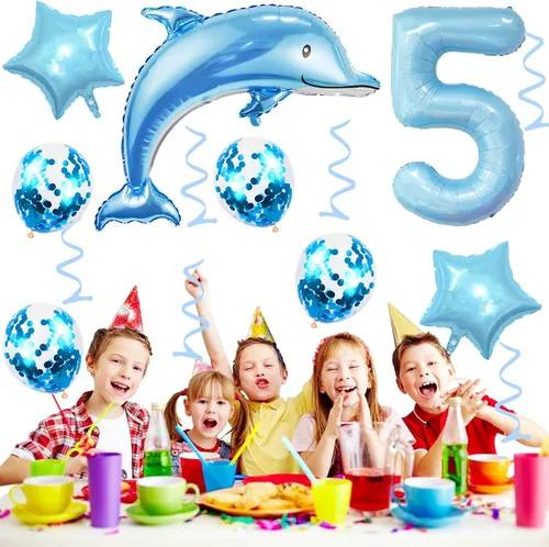 Vista 3 de Globos de cumpleaños de 5º delfín, globo gigante de papel de aluminio de delfín número 5, globos de Mylar de animales del océano para suministros
