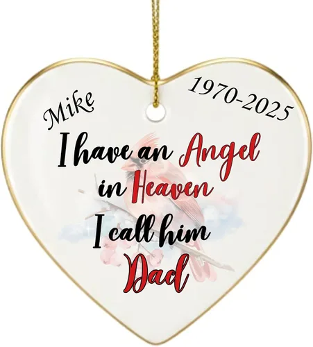 Vista 13 de Adorno de Navidad conmemorativo personalizado 2025 – Recuerdo de cerámica en forma de corazón – Tengo un ángel en el cielo I Call Her Primo – Regalo
