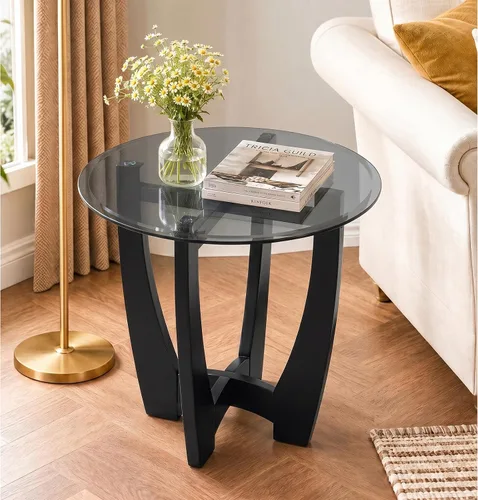 Vista 9 de Mesa de centro ovalada de vidrio de 48 pulgadas con cruz de vidrio templado y base de madera maciza, mesa central simple y moderna para sala