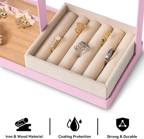 Vista 4 de Organizador de joyas con soporte de terciopelo para anillos, organizador de joyas de 4 niveles con 15 ganchos, organizador de collares y soporte