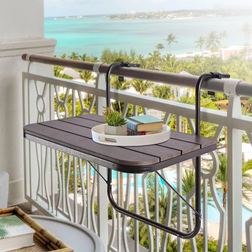 Vista 9 de Mesa de balcón colgante para barandilla de balcón al aire libre, mesas de bar para barandillas de aluminio plegable ajustable para patio, terraza