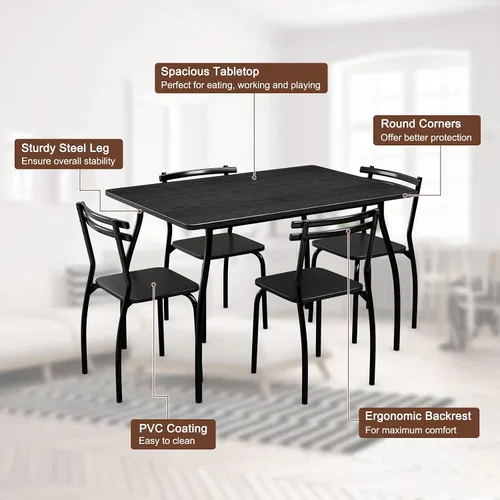 Vista 5 de GIANTEX Juego de mesa de comedor de 5 piezas para 4, mesa de cocina rectangular de 43 pulgadas y 4 sillas de comedor con patas curvas de metal