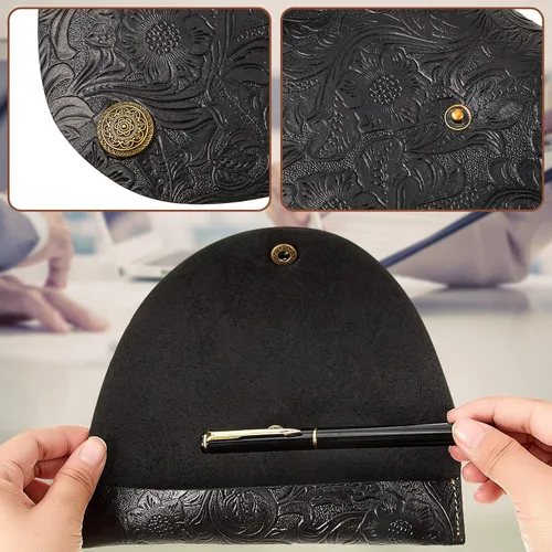 Vista 3 de Zonon 2 piezas vintage hechas a mano de cuero para bolígrafos tallados en rollo de cuero para la escuela, oficina en casa, marrón y negro