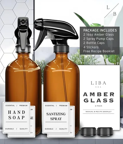 Vista 9 de LiBa Paquete de 2 botellas de vidrio ámbar, botella de spray vacía recargable de 16 onzas para limpieza, aceites esenciales, cabello, plantas