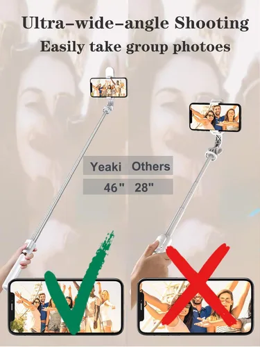 Vista 5 de Trípode para selfie stick con control remoto inalámbrico, trípode para selfie stick de 46 pulgadas con luz de relleno LED, para iPhone 16/15/14/14