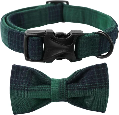 Vista 12 de Lionet Paws Collar para perro y gato con corbata de moño, hebilla de plástico ajustable, collar de cuadrícula para perros pequeños, medianos y Azul