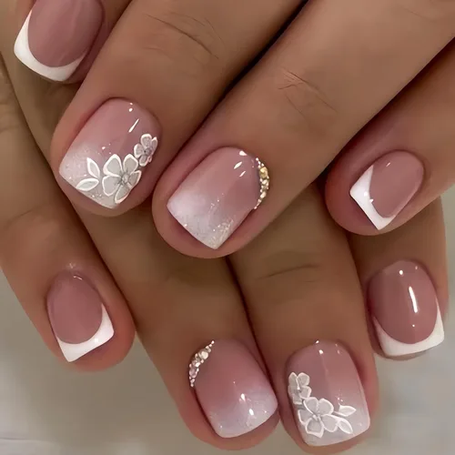Vista 24 de Uñas postizas a presión con punta francesa verde, uñas postizas cuadradas cortas con diseños de cuentas de flores en 3D, uñas de verano, uñas Verde