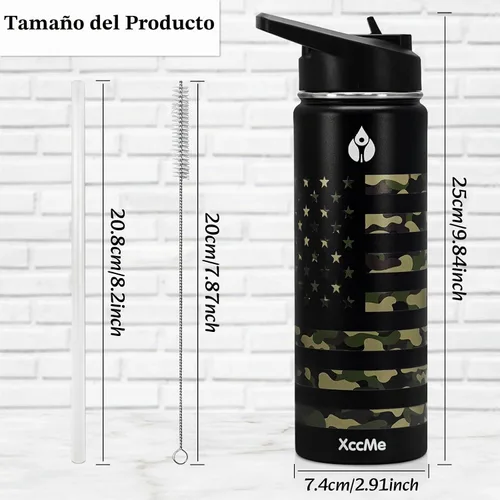 Vista 2 de Botella de agua aislada de 22 onzas, botellas de agua a prueba de fugas de acero inoxidable, taza térmica de viaje de boca ancha de doble pared