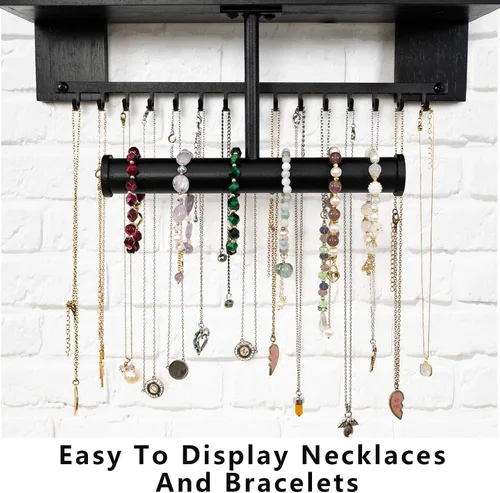 Vista 4 de Pinzoveco Organizador de joyas colgante montado en la pared con soporte organizador de joyas de pared para collares, pulsera, aretes, anillo (negro)