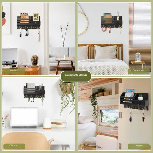 Vista 6 de Soporte para llaves de pared, organizador de correo adhesivo de madera y llaves con cajón, estante pequeño, 8 ganchos, 2 métodos de instalación