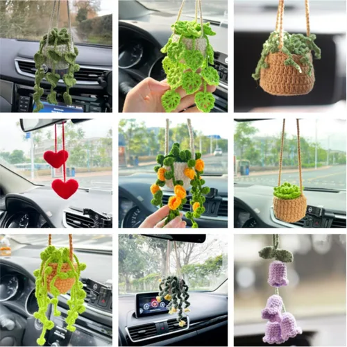 Vista 6 de Accesorios de coche de ganchillo,Lindas plantas en maceta Crochet Car Mirror Hanging Accesorios,Accesorios de espejo retrovisor de punto hecho a