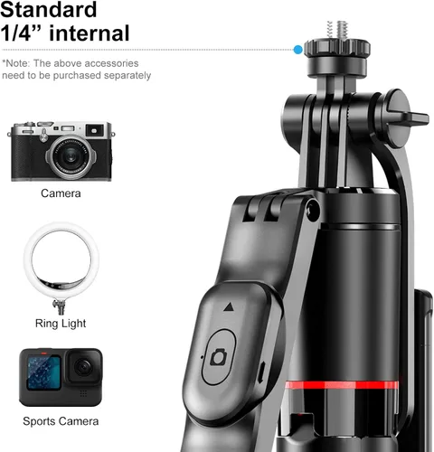 Vista 2 de Trípode con palo selfie de 67 pulgadas para iPhone con control remoto, soporte para teléfono y tornillo de 1/4 de pulgada, trípode extensible