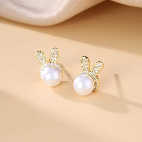 Vista 4 de SLUYNZ Aretes de plata de ley con diseño de conejo para mujer, con perlas de circonita cúbica, aretes de conejo, aretes de Pascua