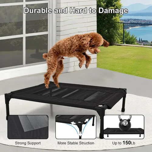 Vista 4 de Cama elevada para perros al aire libre, cuna elevada portátil con refrigeración, cama lavable para mascotas, perros pequeños, color negro