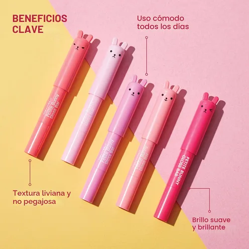 Vista 5 de TONYMOLY Petit Bunny Gloss Bar, 01 Juicy Strawberry La vitamina E trabaja en una textura suave, de lápiz labial y brillo para suavizar e hidratar