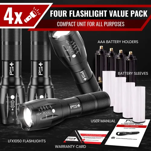 Vista 2 de PeakPlus Linternas LED de alto lúmenes, luces tácticas de flash [4 unidades] – Super brillante impermeable zoomable 5 modos – Potente linterna