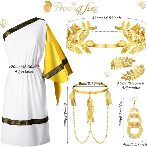 Vista 3 de 6 piezas de disfraz griego de Halloween, accesorio de Toga para mujer, corona de oro griego, diadema, pulsera, aretes