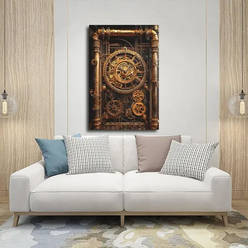 Vista 5 de ZMLIS Arte de pared con engranajes de reloj Steampunk, impresión mecánica victoriana de latón y cobre, póster industrial retro de ciencia ficción