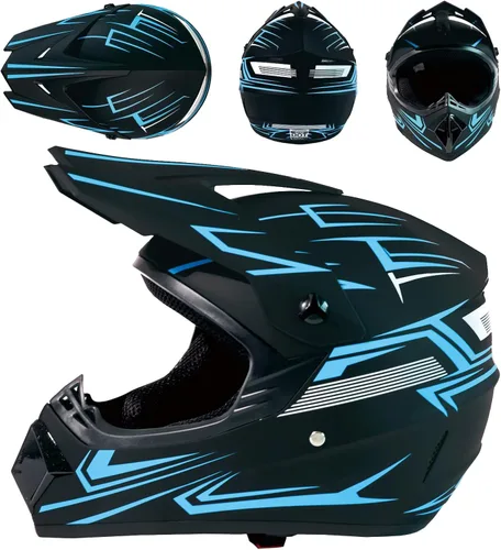 Vista 2 de Casco de motocross ATV motocicleta de cara completa todoterreno E Bike casco DOT con gafas y guantes máscara de rayas azules M (22.0-22.4 in)