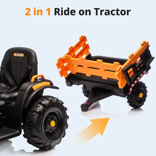 Vista 7 de Juguetes de paseo JCB con licencia de 24 V, tractor eléctrico para niños grandes 3-8 con remolque Amarillo