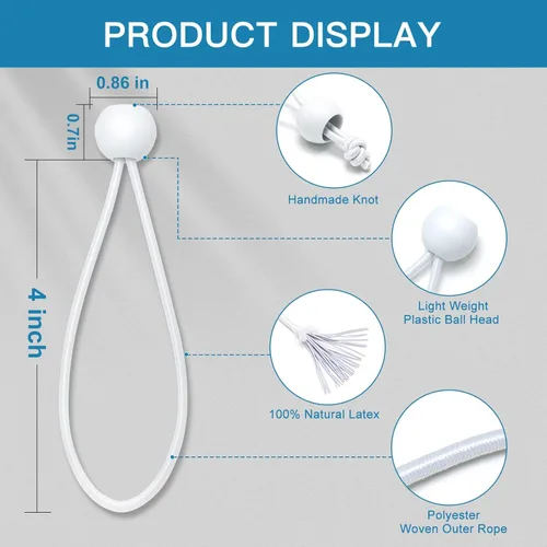 Vista 6 de Cuerdas elásticas de bolas de 4 pulgadas, 100 unidades de lona blanca para toldo, cuerdas de amarre para campamento, refugio