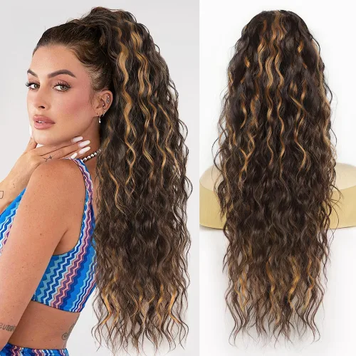 Vista 14 de Extensión de cola de caballo con cordón, extensión de cola de caballo larga y rizada para mujeres negras, extensiones de cabello negro de 26