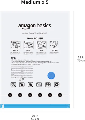 Vista 6 de Amazon Basics Bolsas de almacenamiento con cremallera de compresión al vacío con bomba de mano, medianas, transparentes, paquete de 5, blanco, azul