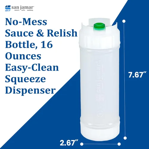 Vista 4 de San Jamar Ez Kleen - Botella de plástico para salsa con válvula pequeña para salsas finas y vinagretas, 16 onzas, blanco, natural/verde