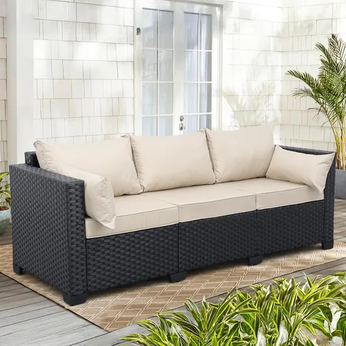 Vista 3 de Rattaner Muebles de patio, sofá de mimbre de 3 asientos, muebles de exterior, sofá de exterior, asiento profundo, respaldo alto, funda impermeable