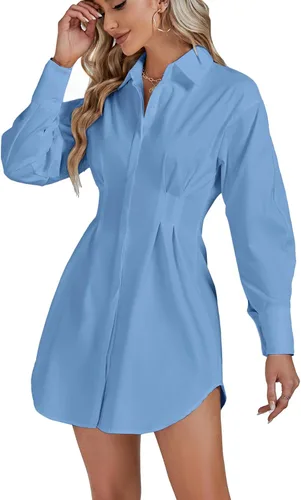 Vista 5 de LYANER Minivestido camisero acampanado de manga larga plisada con botones y cuello para mujer