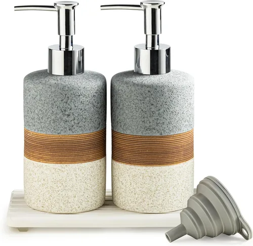 Vista 10 de Juego de dispensador de jabón de cerámica con embudo de silicona, jabón de manos, champú, gel de baño, dispensador de loción para cocina y baño