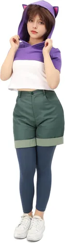 Vista 4 de DAZCOS Disfraz de cosplay con capucha blanca y morado para mujer, talla de EE. UU., con medias para Halloween