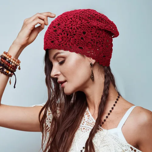 Vista 5 de 4 gorros de ganchillo holgados de punto hecho a mano para otoño, diseño floral, gorro de algodón con corte de calavera, sombreros de verano