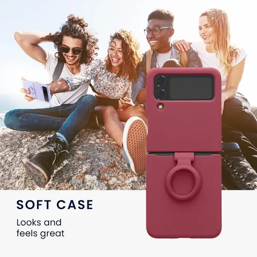 Vista 3 de kwmobile Funda compatible con Samsung Galaxy Z Flip4 - Funda suave con acabado de silicona y bucle de anillo de dedo - Rosa oscuro