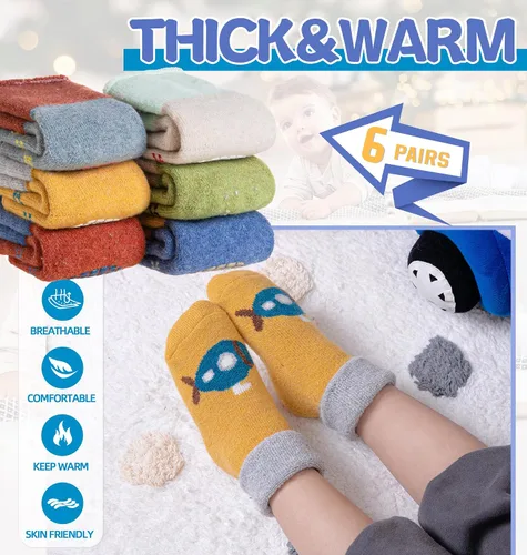 Vista 3 de DoSmart Calcetines antideslizantes para bebés, niños y niñas, cálidos, de lana gruesa, calcetines de invierno con pinzas, 6 pares
