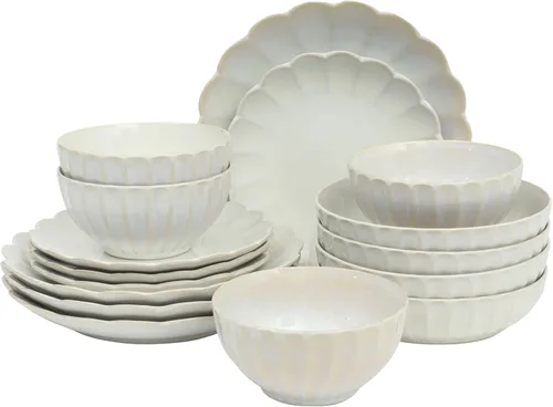 Vista 19 de Gibson Elite Peach Orchard - Juego de vajilla de porcelana de hueso de 12 piezas para 4, platos y cuencos estriados en relieve, apto