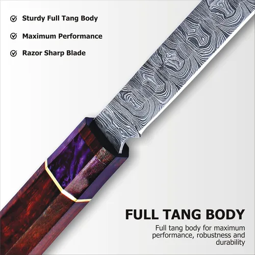 Vista 5 de Cuchillo de chef de Damasco hecho a mano de 14 pulgadas, cuchillo de pechuga y tallado con hoja de espiga completa y mango de madera, cuchillo