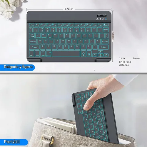 Vista 5 de Teclado inalámbrico para Samsung Galaxy Tab A11+ A9+ S10 FE S9 S10Lite Negro con retroiluminación