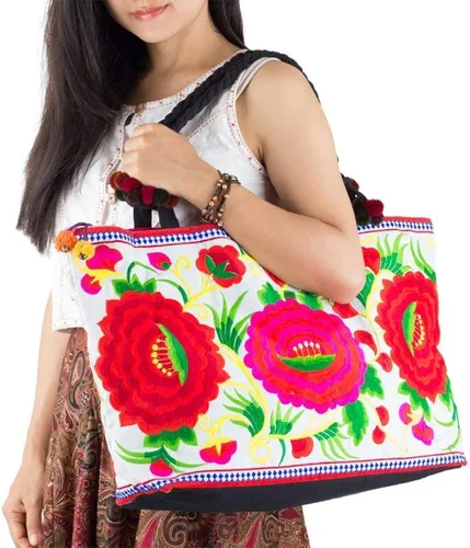 Vista 2 de changnoi Bolsa de playa grande floral bolsa de mano bordada Hmong Tribes de Tailandia