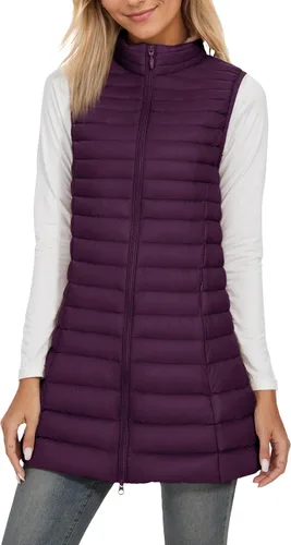 Vista 9 de ELFJOY Chaleco de plumón medio largo para mujer, chaleco acolchado ligero, chaqueta cortavientos elegante Negro