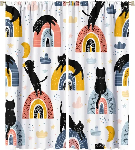 Vista 10 de Cortinas de estilo de mediados de siglo, diseño geométrico abstracto moderno, diseño retro, estampado de gato negro, para dormitorio, sala de estar
