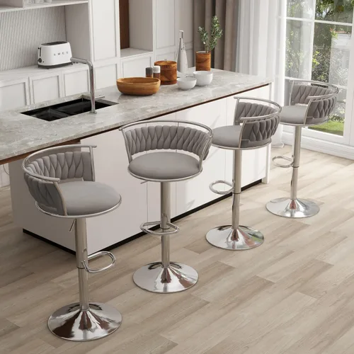 Vista 39 de Juego de 2 taburetes de bar giratorios de 360°, silla de bar de terciopelo ajustable a altura de mostrador moderna, taburete de metal plateado