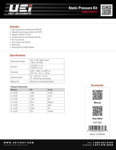 Vista 3 de UEi Test Instruments Kit de presión estática Em201Spkit