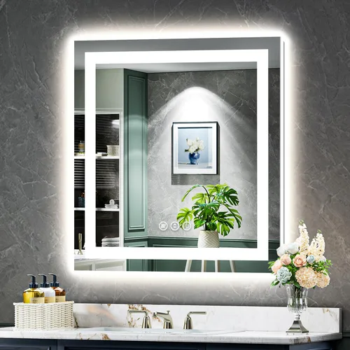 Vista 34 de Espejo de baño LED de 24x30 pulgadas con luces, espejo de tocador frontal y retroiluminado para pared de baño con 3 colores, regulable