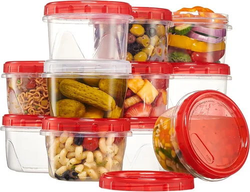 Vista 15 de PLASTICPRO Paquete de 6 recipientes de almacenamiento de alimentos con tapa giratoria con rosca roja, recipientes reutilizables de 4 onzas