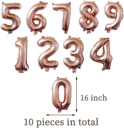 Vista 2 de 10 globos de Mylar de oro rosa de 16 pulgadas, globos de aluminio de oro rosa del 0 ~ 9 para decoración de cumpleaños, boda, fiesta, globos