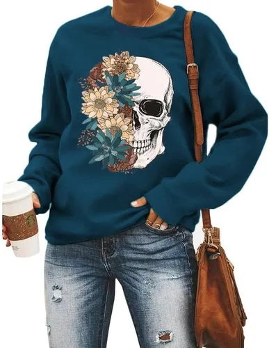 Vista 2 de Bloom Skull - Sudadera para mujer, estilo bohemio, con estampado de calavera, manga larga, cuello redondo, para otoño