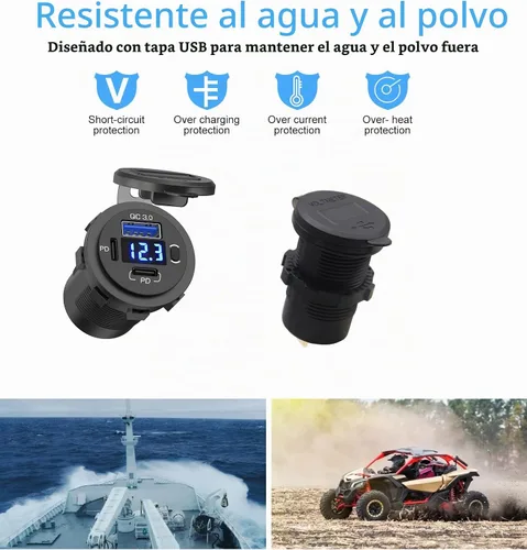 Vista 6 de Toma de corriente USB de 12 V, enchufe de cargador de coche USB C dual y puerto de carga rápida 3.0 con voltímetro e interruptor de alimentación